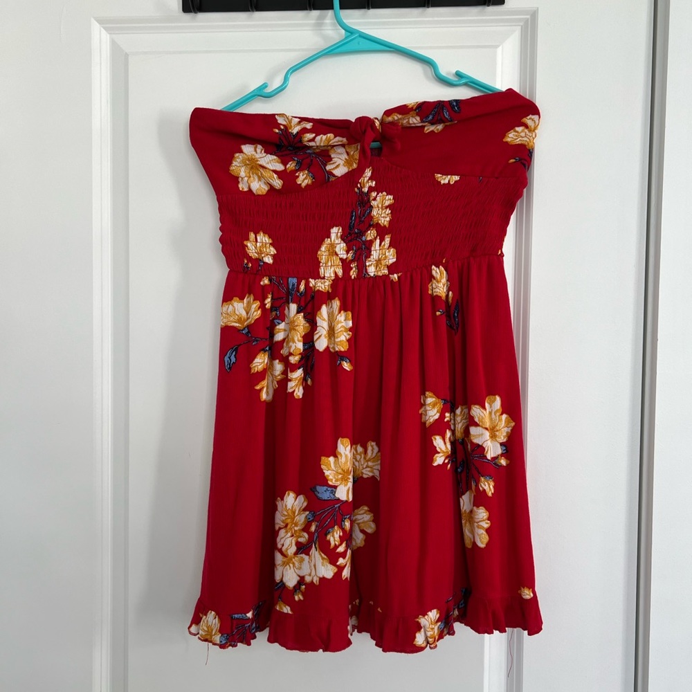 Strapless red floral dress